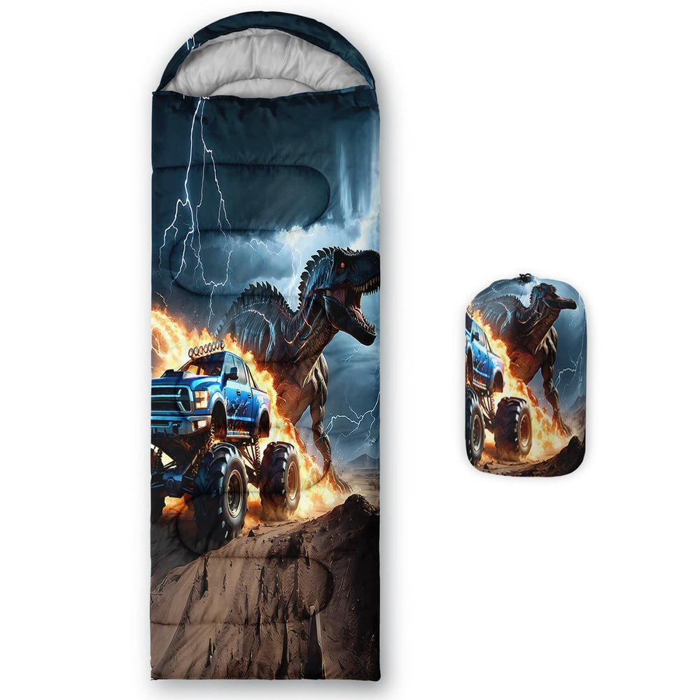 AILONEN dinosaur-truck sleeping bag 3D print closeup for kids' outdoor adventures.