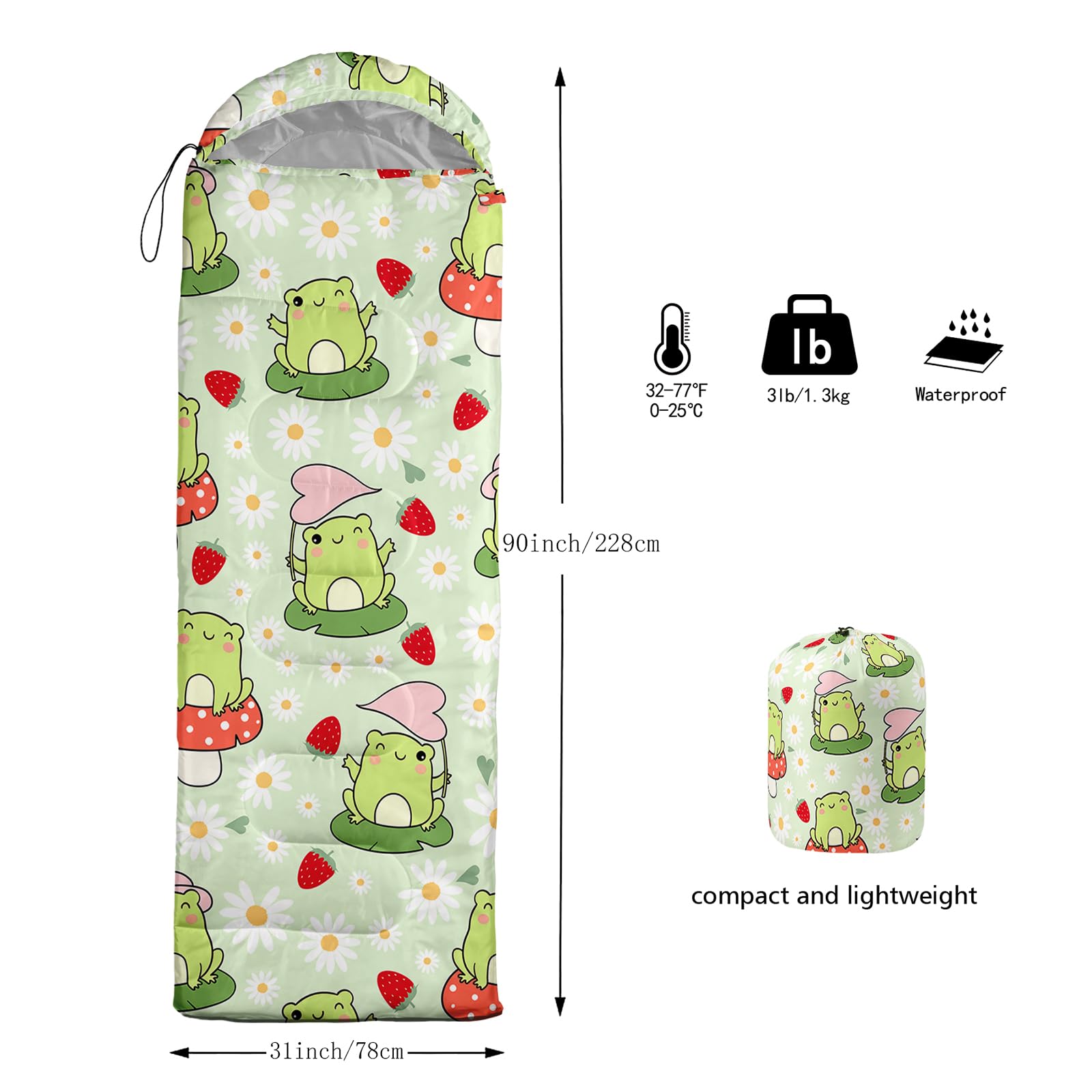 AILONEN frog design sleeping bag with vibrant 3D print for kids