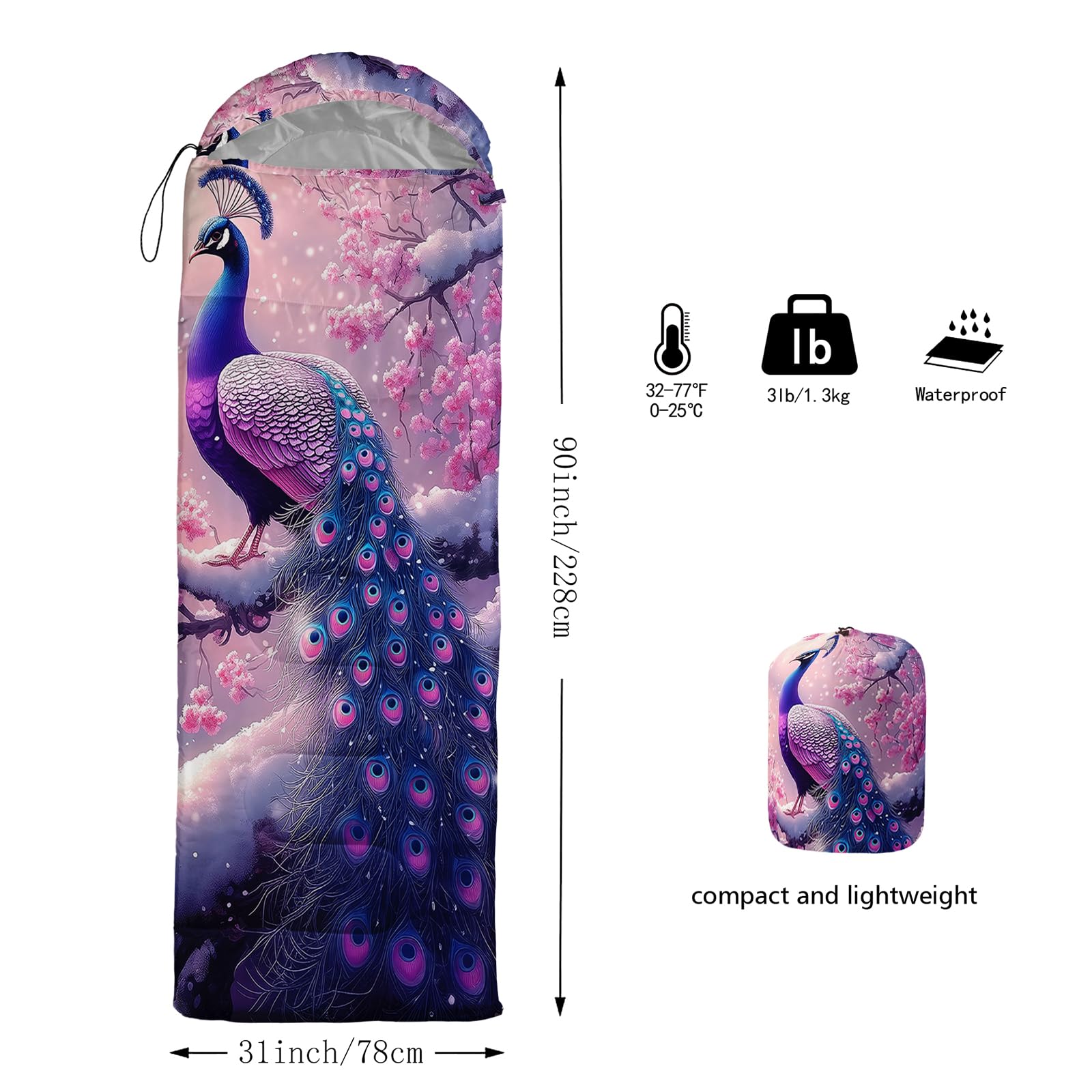 AILONEN Pink Peacock sleeping bag fabric detail highlights waterproof outer layer for damp conditions.
