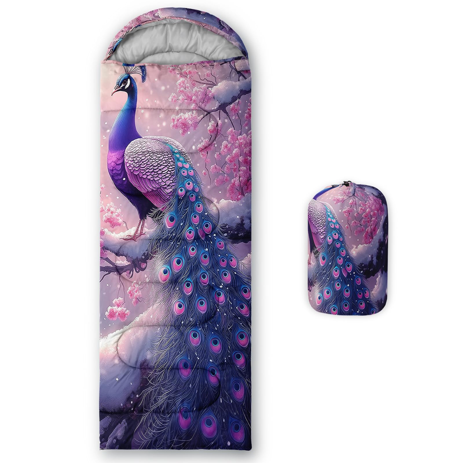 AILONEN Pink Peacock sleeping bag open hood shows cozy warmth for 3-season use.