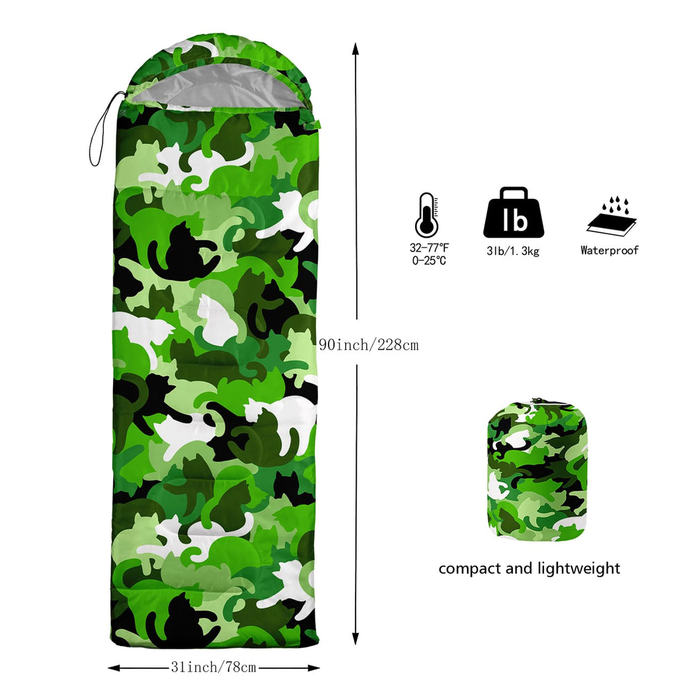 AILONEN sleeping bag cat-print green camo folded view highlights compact carry for travel.