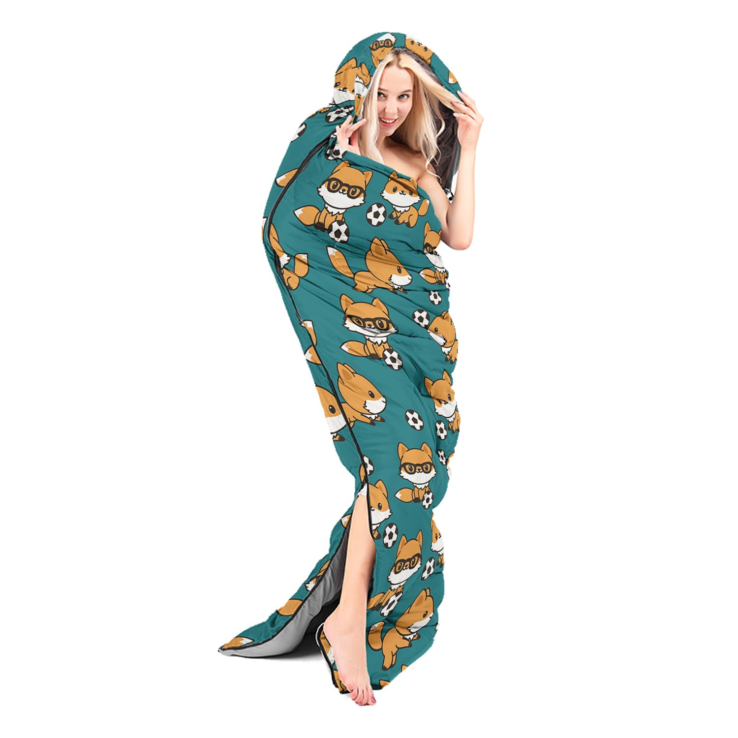 AILONEN fox print blue sleeping bag ready for 3-season use in varying weather conditions.