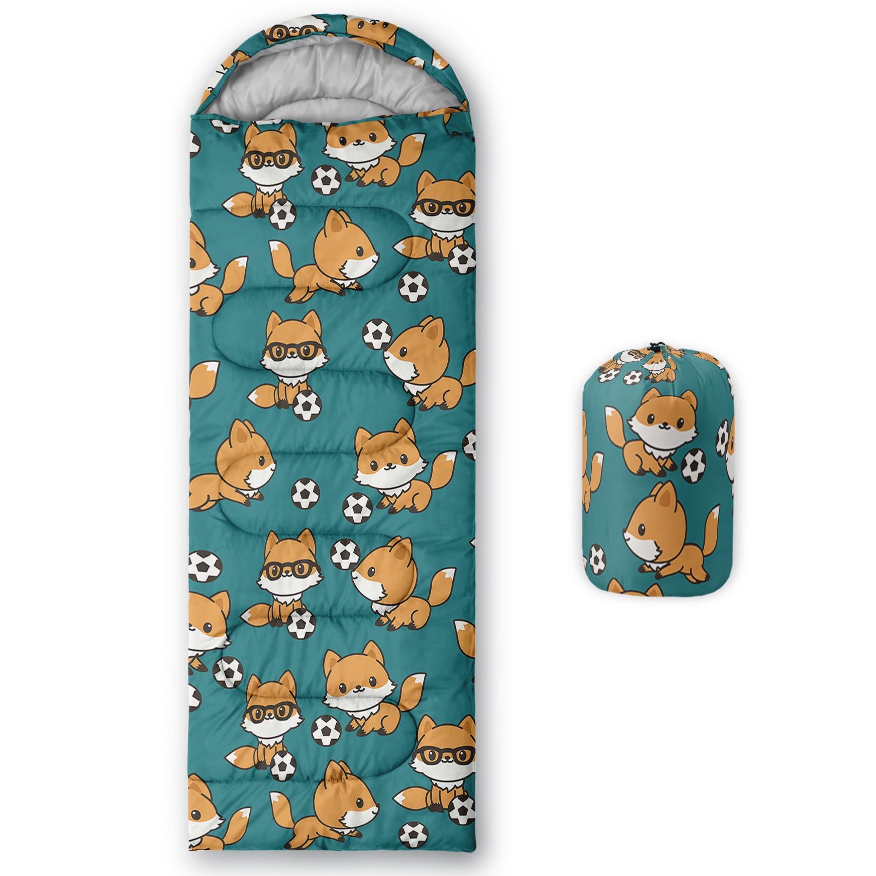 AILONEN sleeping bag with fox print blue close-up shows plush microfiber texture for cozy outdoor nights.