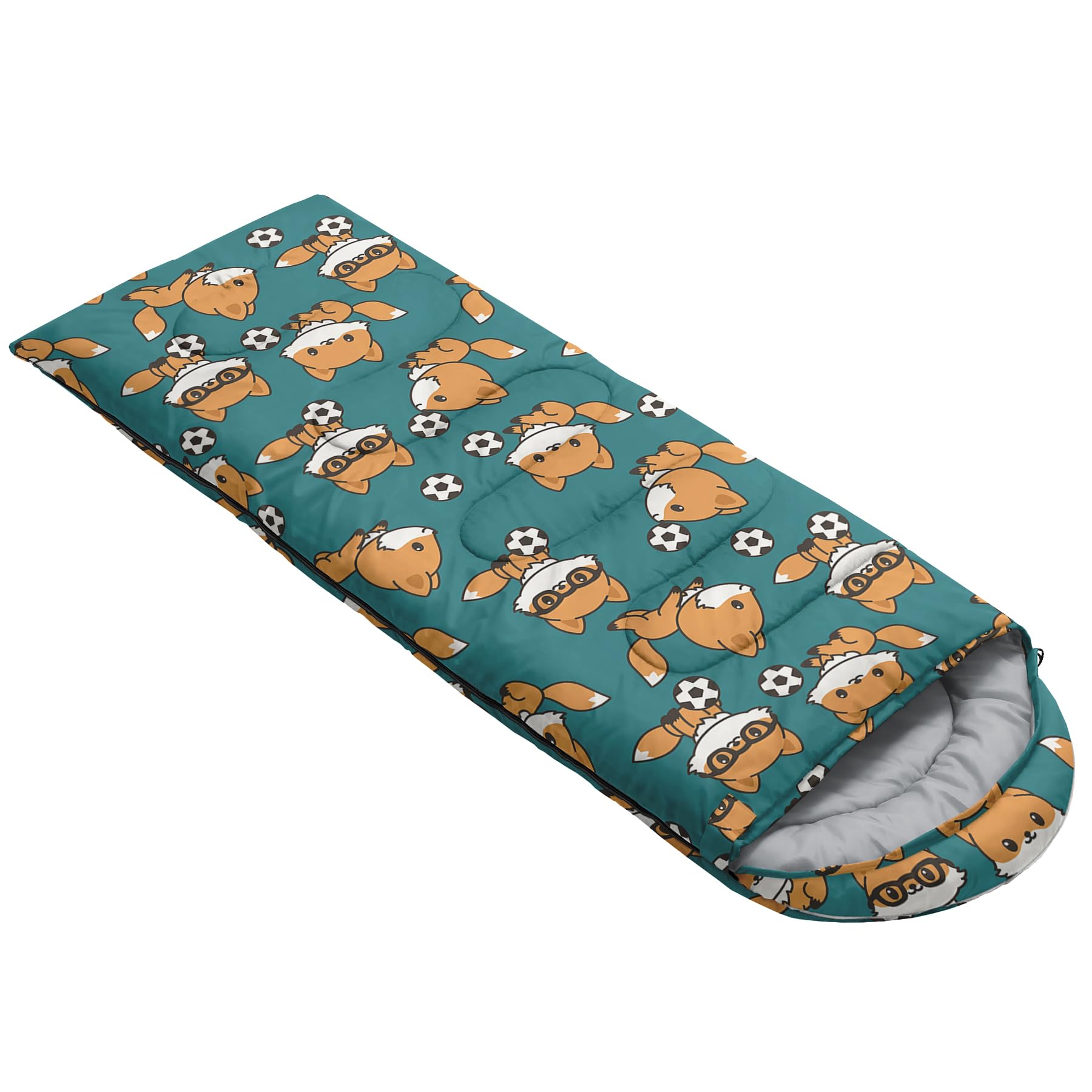 AILONEN fox print blue sleeping bag suitable for family camping with kids and adults.