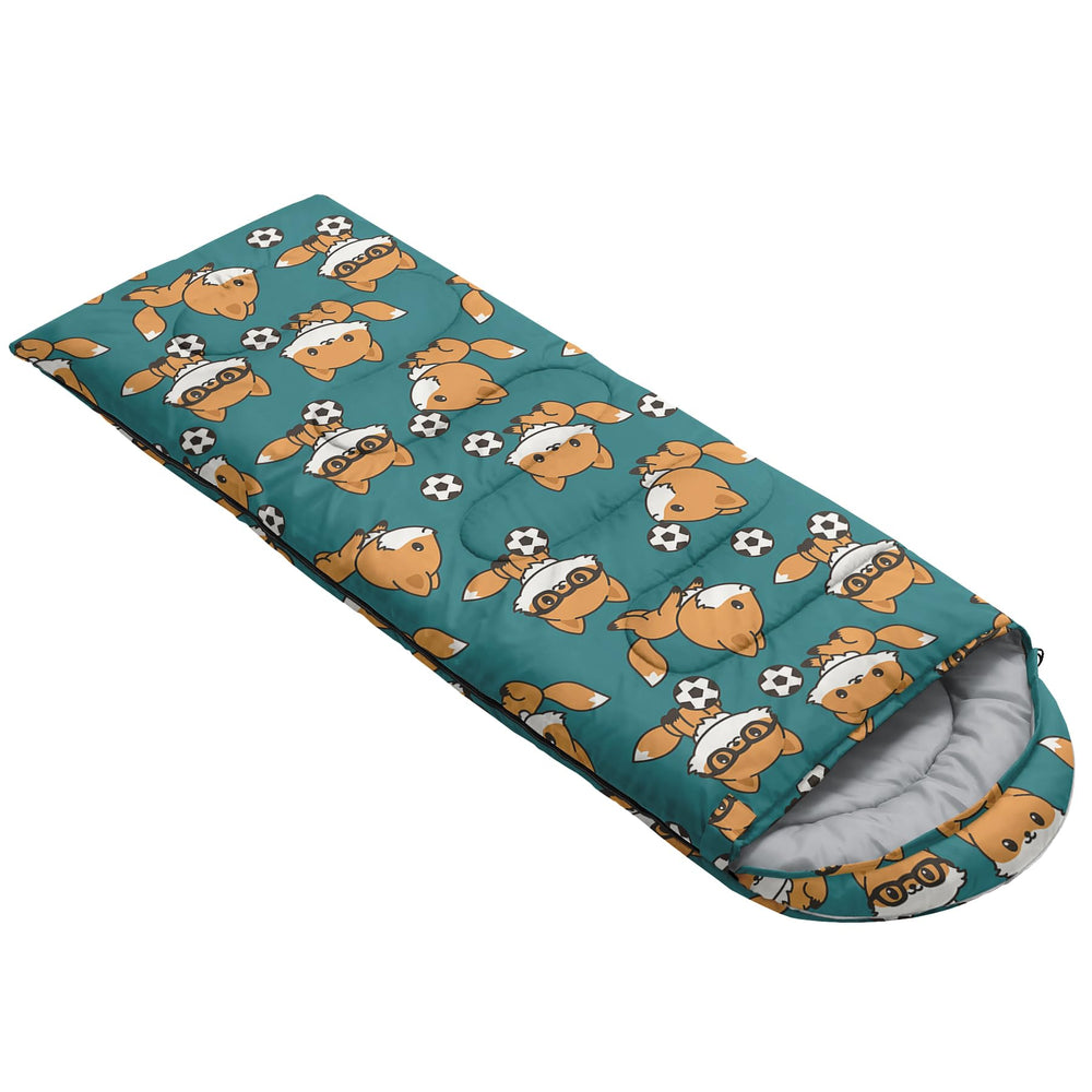 AILONEN fox print blue sleeping bag suitable for family camping with kids and adults.