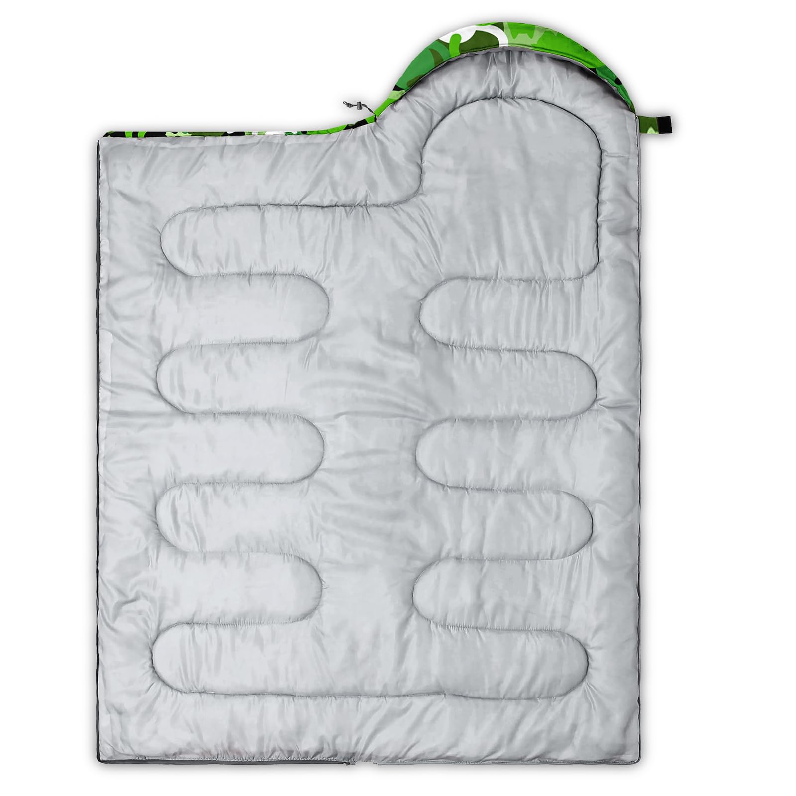 AILONEN sleeping bag front view in green camo demonstrates roomy space for adults and kids.