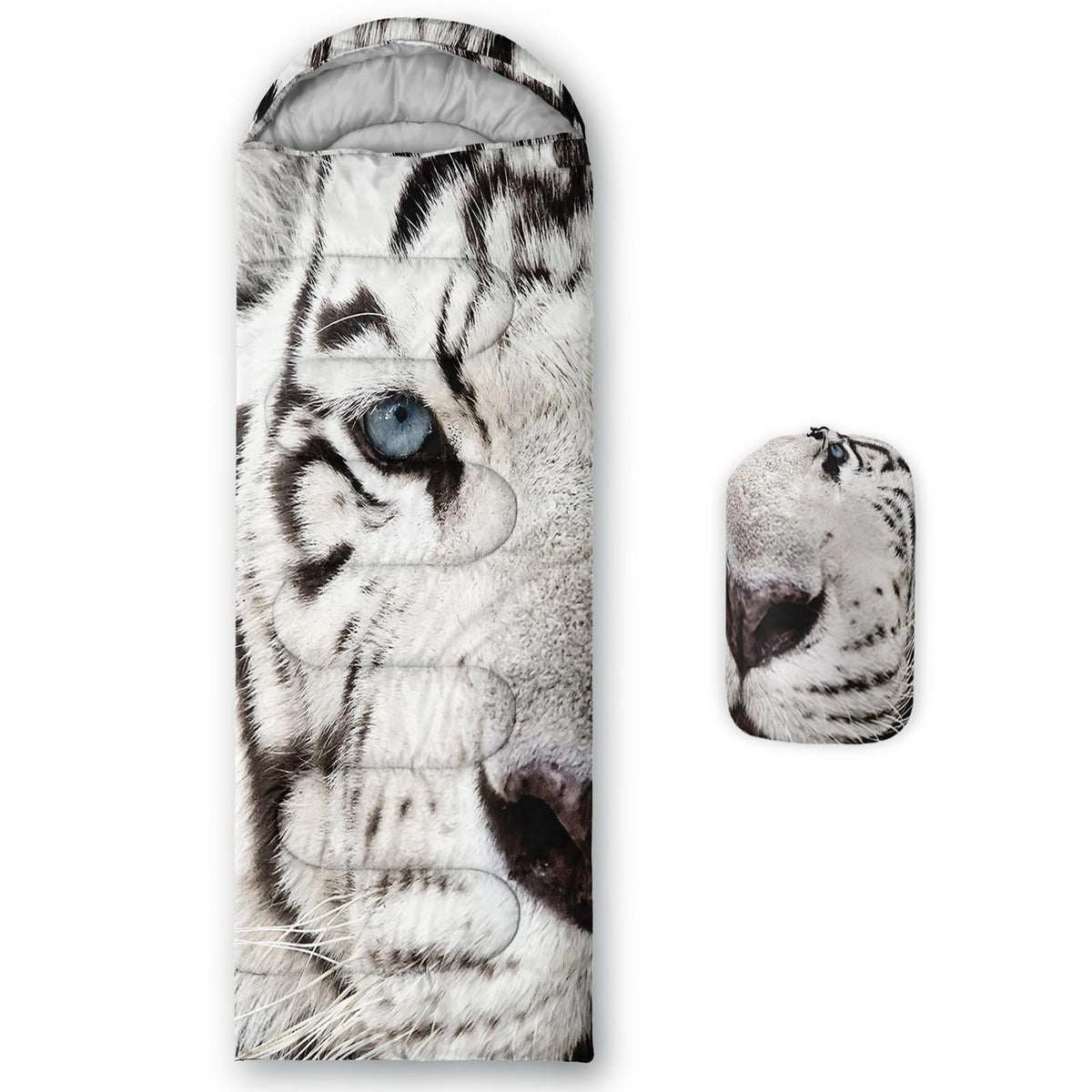 AILONEN White Tiger sleeping bag closed shows waterproof shell for outdoor use