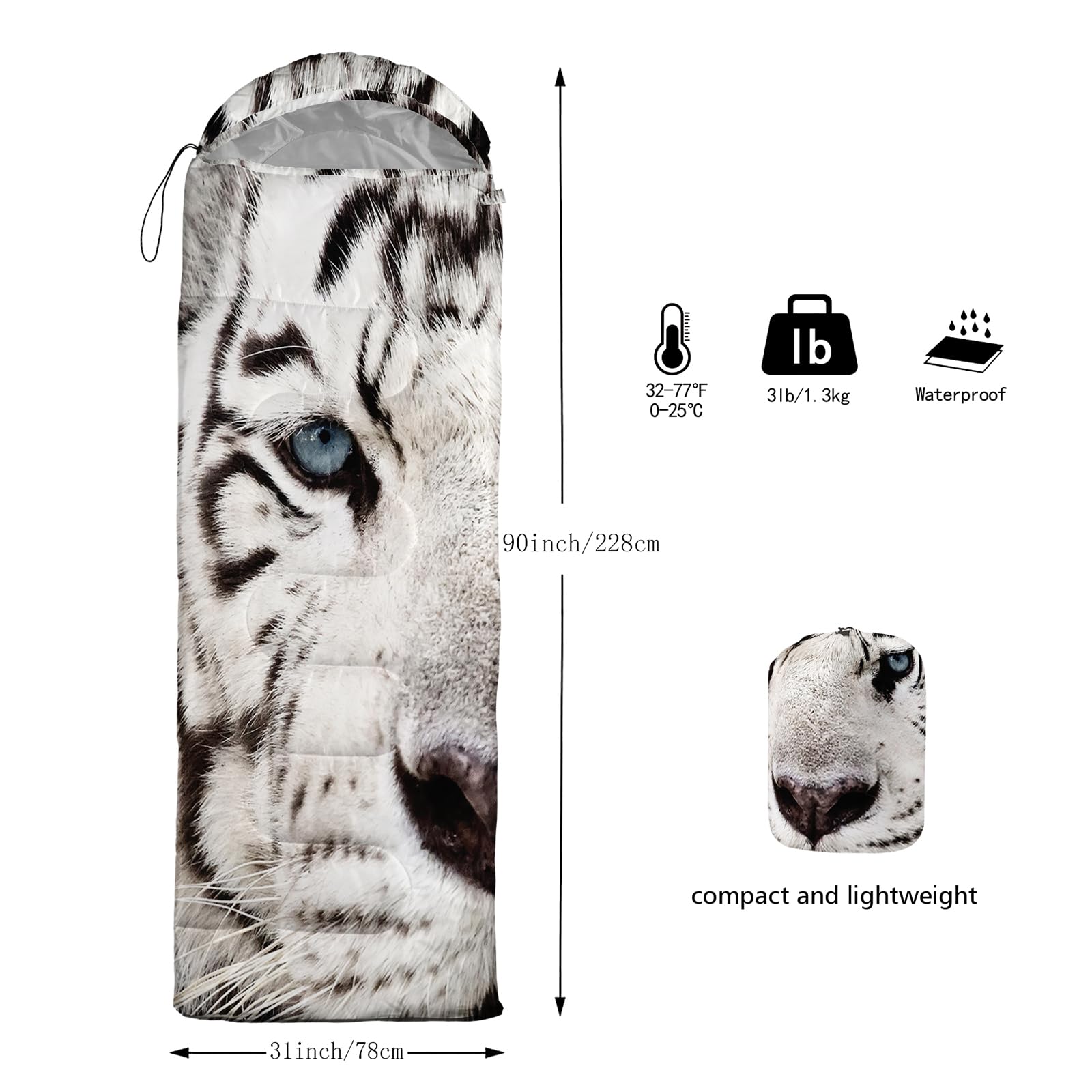 AILONEN White Tiger sleeping bag with drawstring hood for warmth
