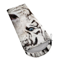 AILONEN White Tiger sleeping bag open reveals roomy interior and hood