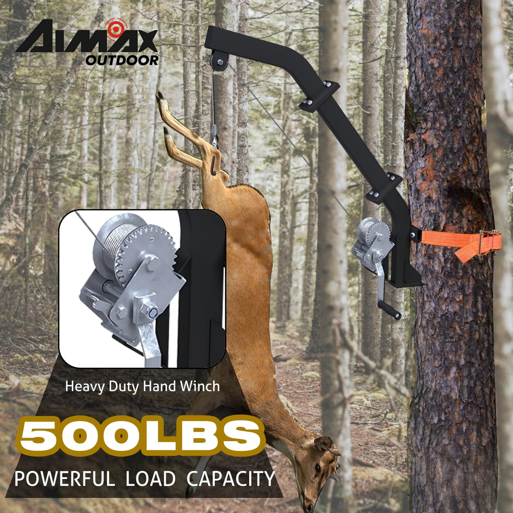 Aimax Outdoor 500lb capacity deer hoist supporting large game in rugged outdoor conditions.