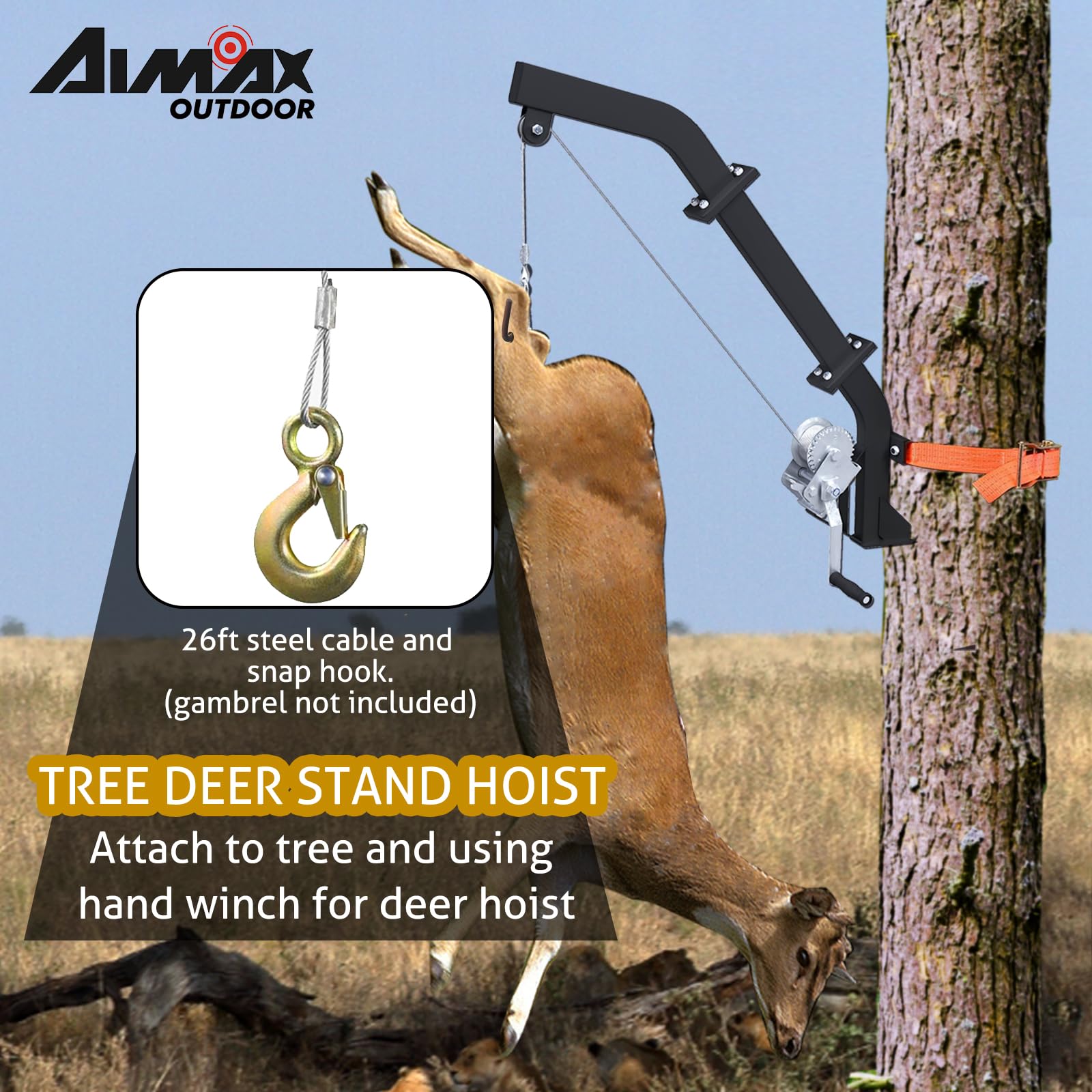 Aimax Outdoor adjustable ratchet strap securing hoist to tree for stable lifting.