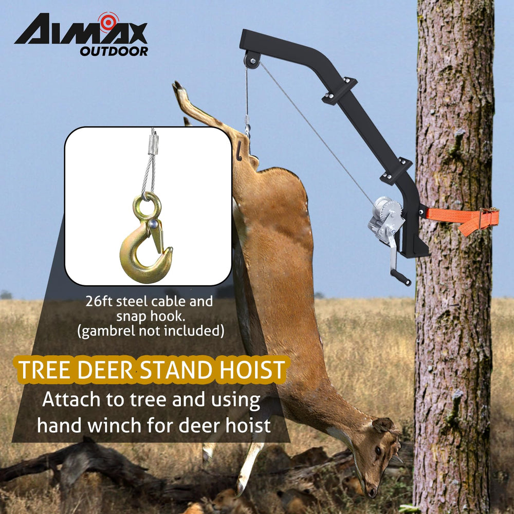 Aimax Outdoor adjustable ratchet strap securing hoist to tree for stable lifting.
