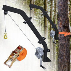 Aimax Outdoor tree-mounted game hoist with winch ready for field dressing and easy setup.