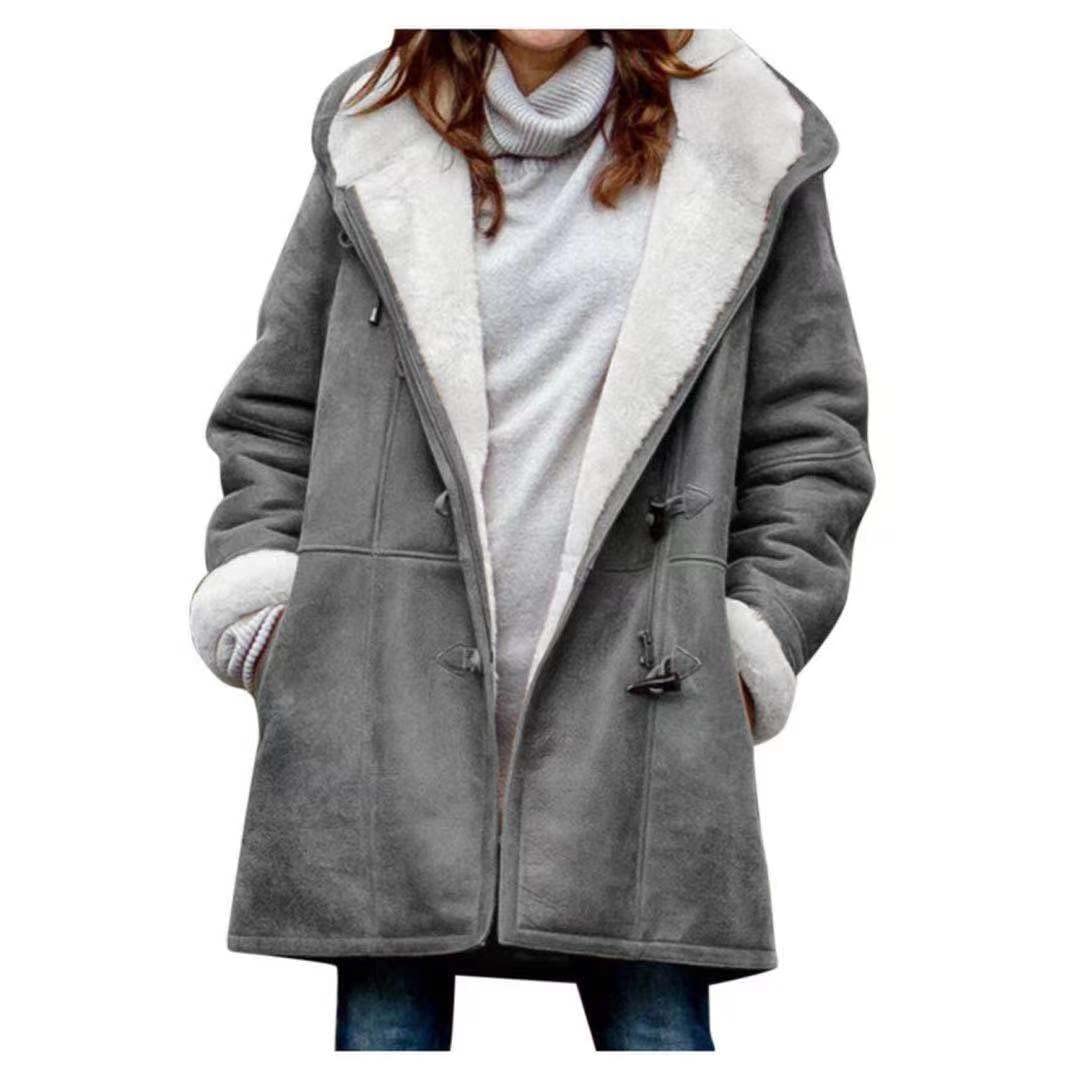 AI'MOURI sherpa fleece overcoat gray front view demonstrates windproof warmth for daily winter wear.