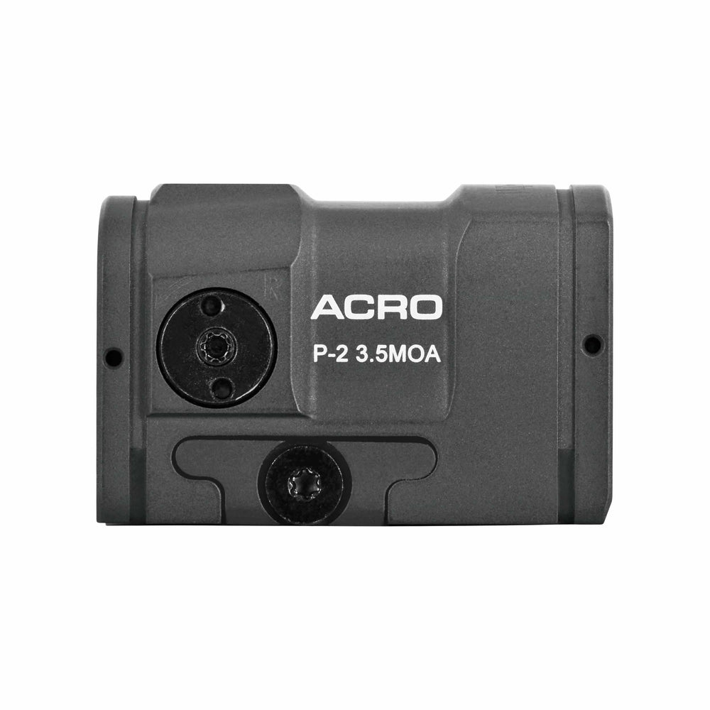 Aimpoint ACRO P-2 red dot sight close-up highlighting compact ergonomics for fast target acquisition.