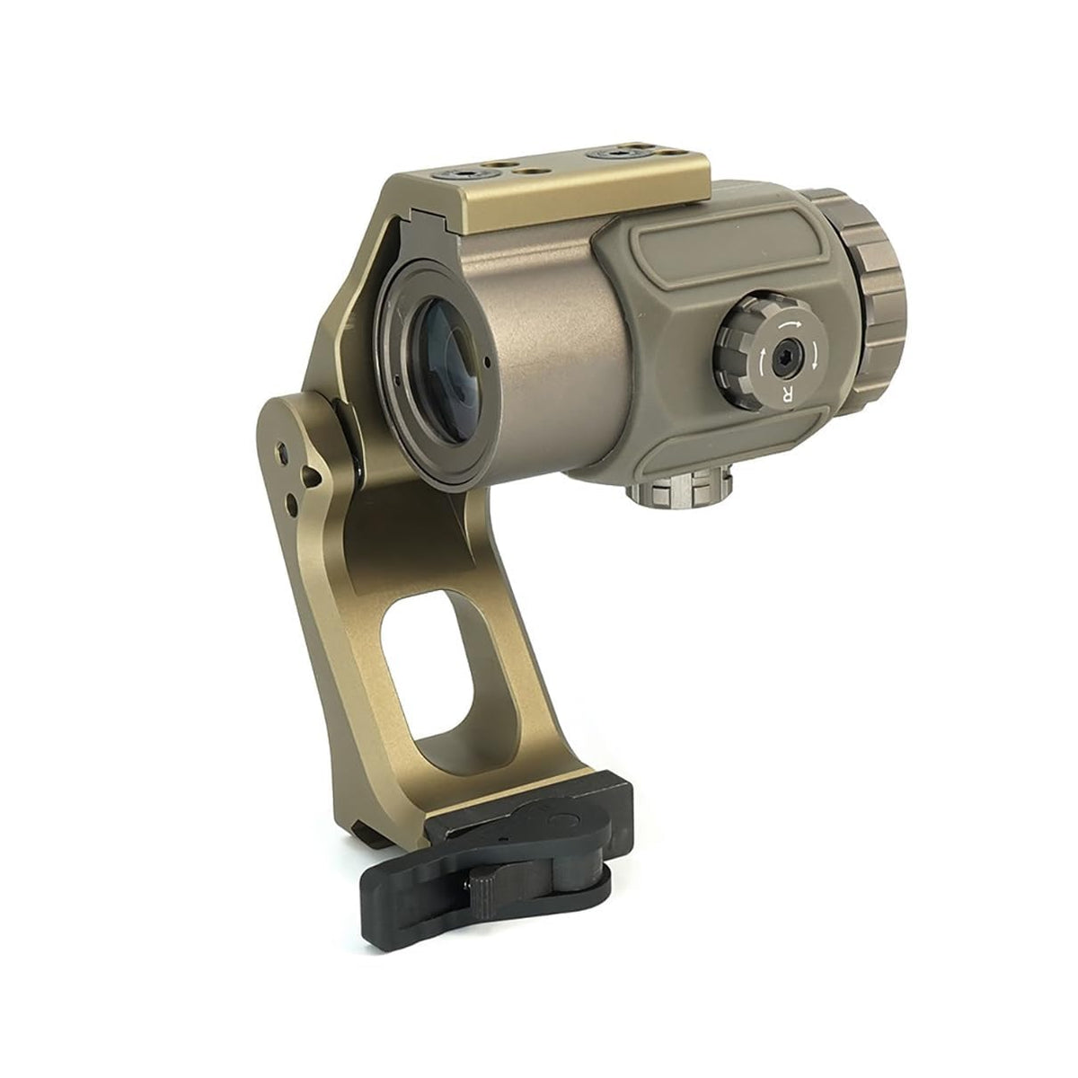 Aimsniper tactical 3x magnifier with FTC mount, angled view, quick target acquisition.