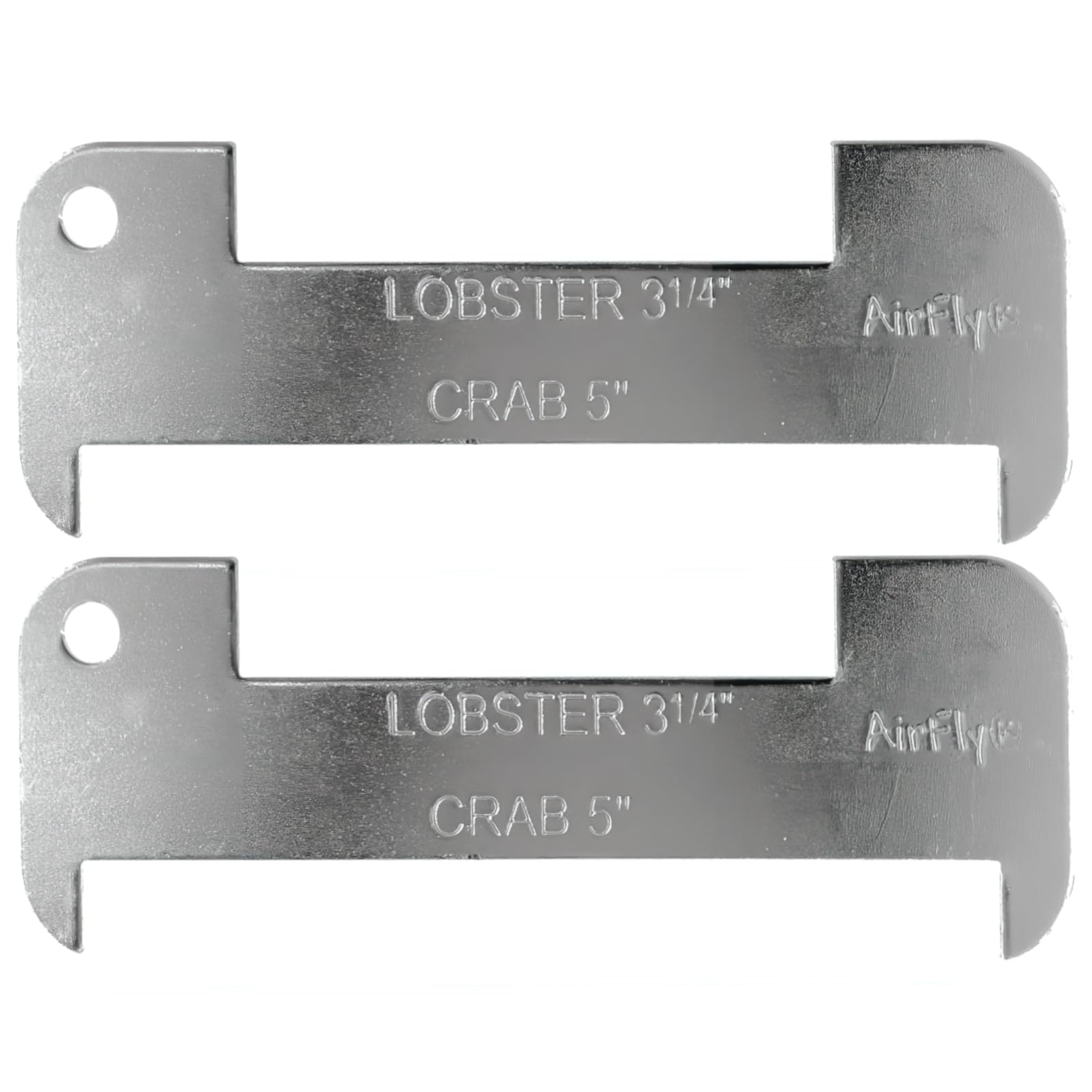 Front view of AirFly aluminum lobster and blue crab gauge showing 5in and 3 1/4in slots.