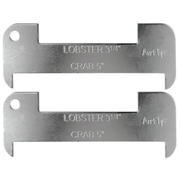 Front view of AirFly aluminum lobster and blue crab gauge showing 5in and 3 1/4in slots.
