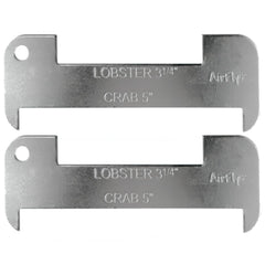 Front view of AirFly aluminum lobster and blue crab gauge showing 5in and 3 1/4in slots.