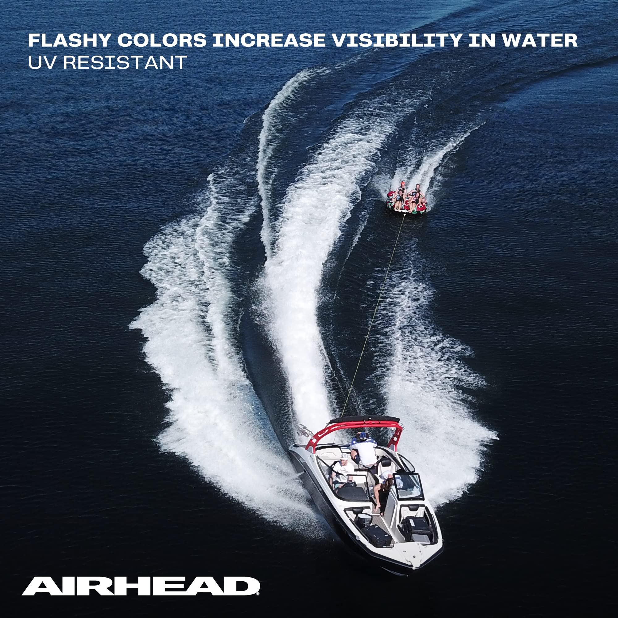 Airhead bungee tow rope designed for 1-4 rider tubes in action.