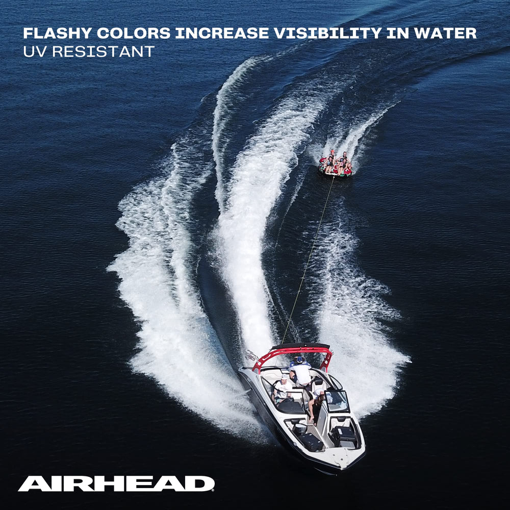 Airhead bungee tow rope designed for 1-4 rider tubes in action.