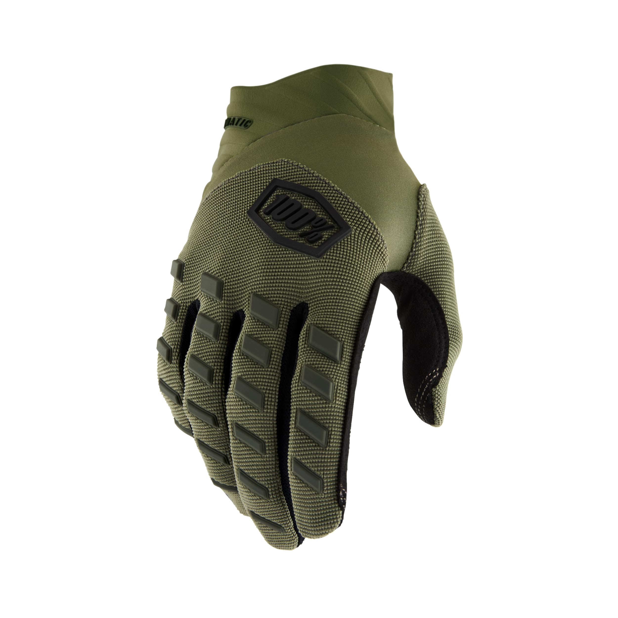 100% AIRMATIC Gloves Army Green S front view highlighting durable neoprene cuff