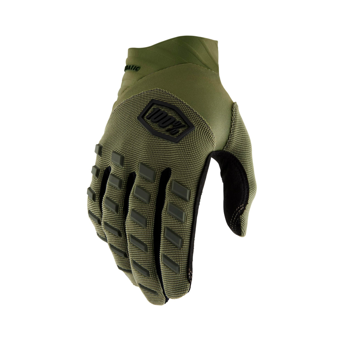 100% AIRMATIC Gloves Army Green S front view highlighting durable neoprene cuff