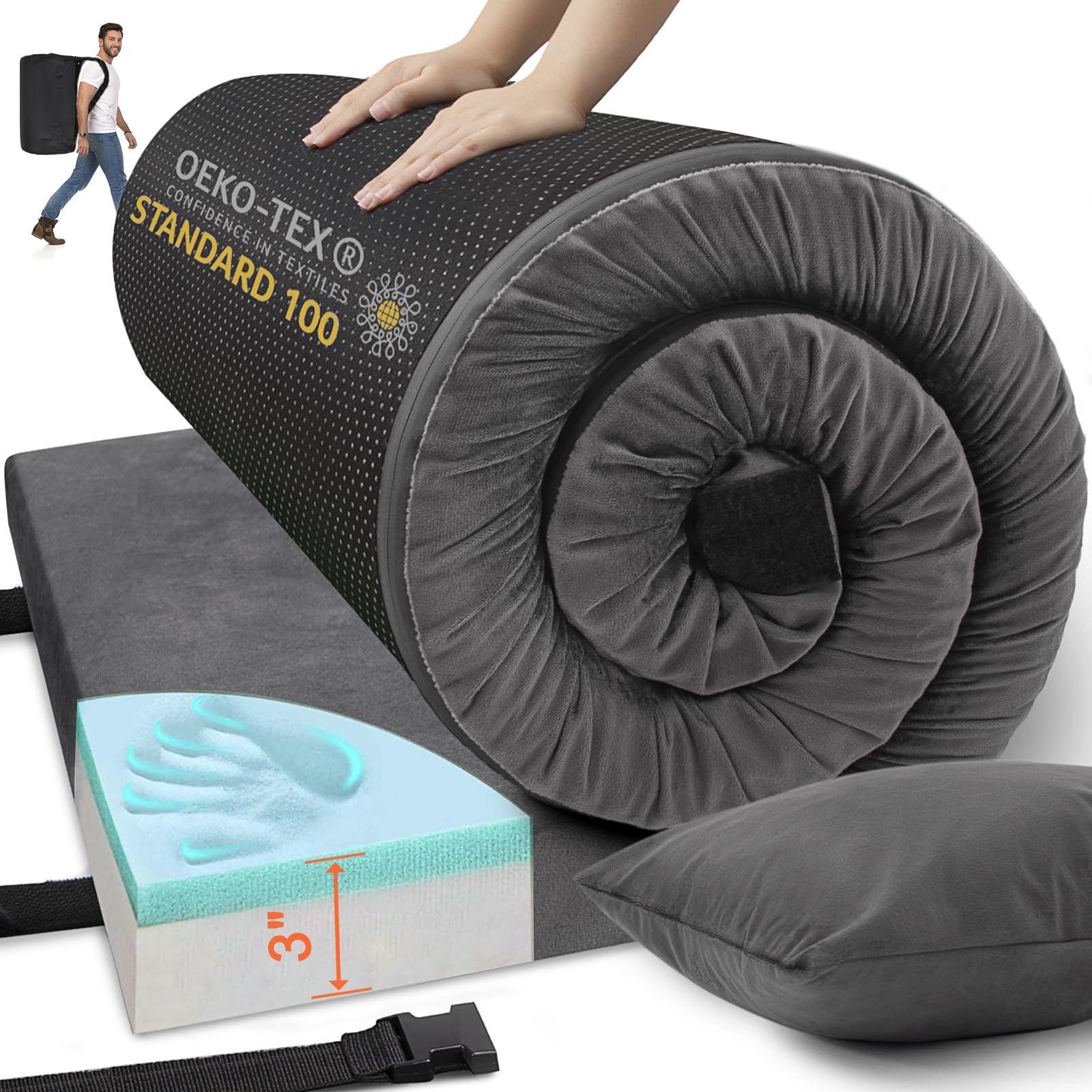 Airpanda memory foam camping mat 3-inch thickness for outdoor comfort.