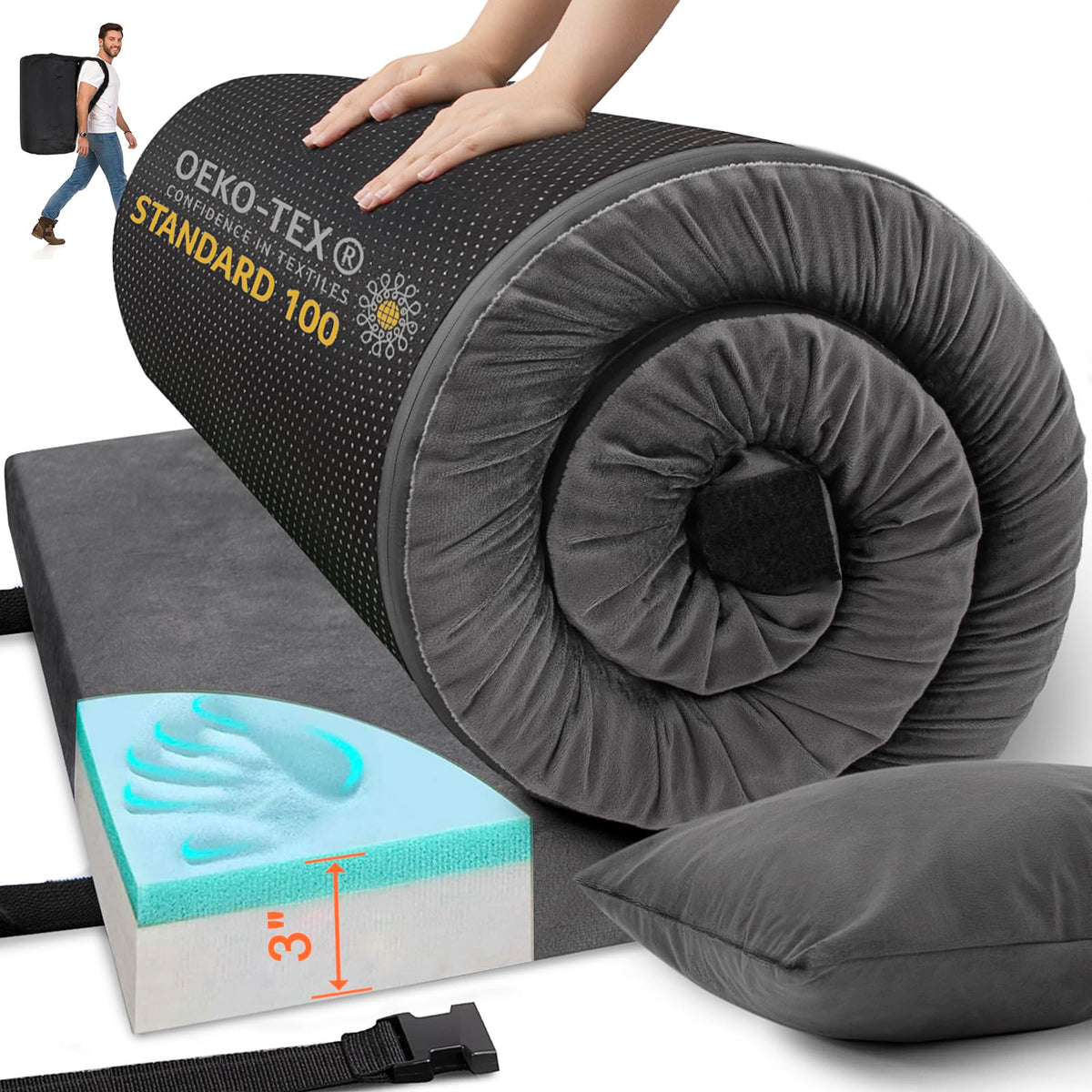 Airpanda memory foam camping mat 3-inch thickness for outdoor comfort.