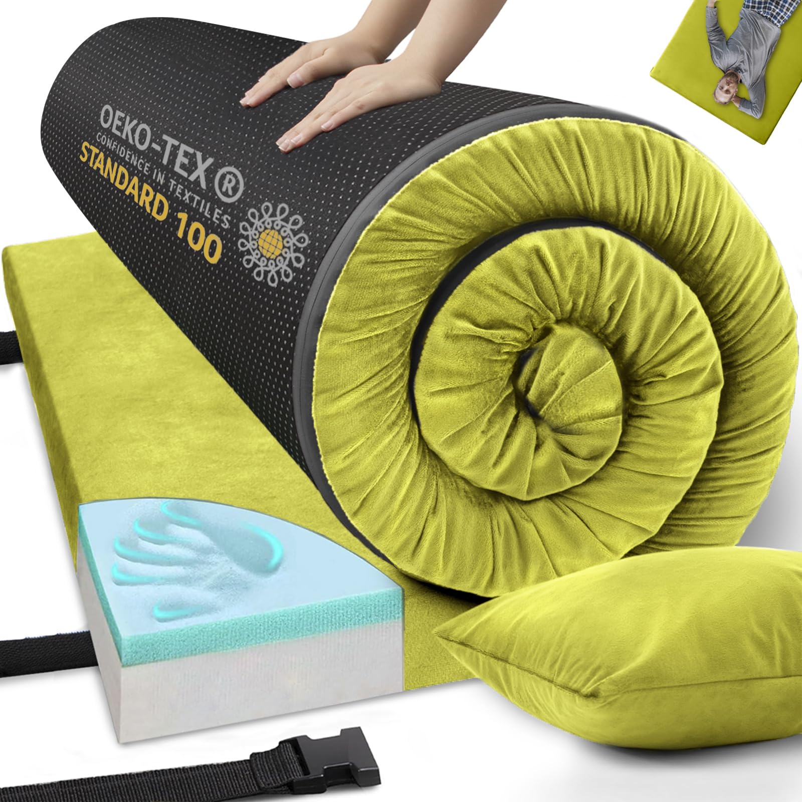 Airpanda memory foam camping mattress folded with bag for easy transport and storage