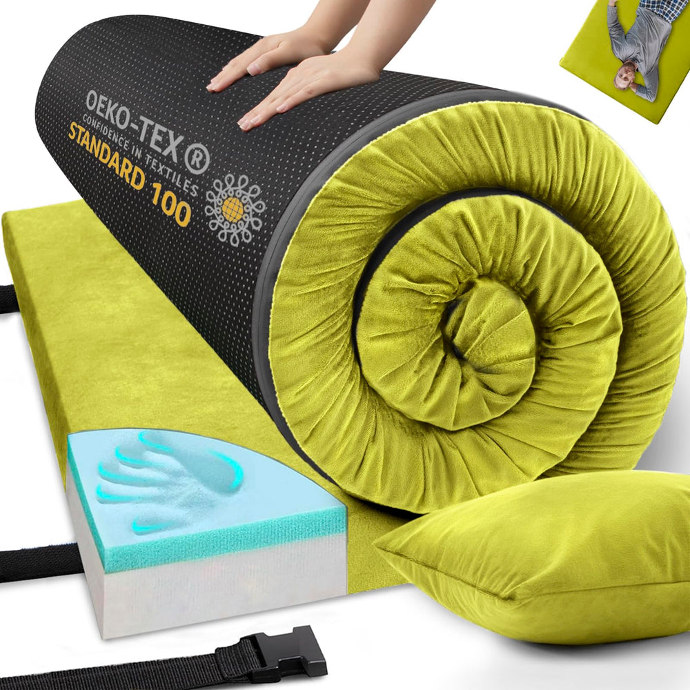 Airpanda memory foam camping mattress folded with bag for easy transport and storage