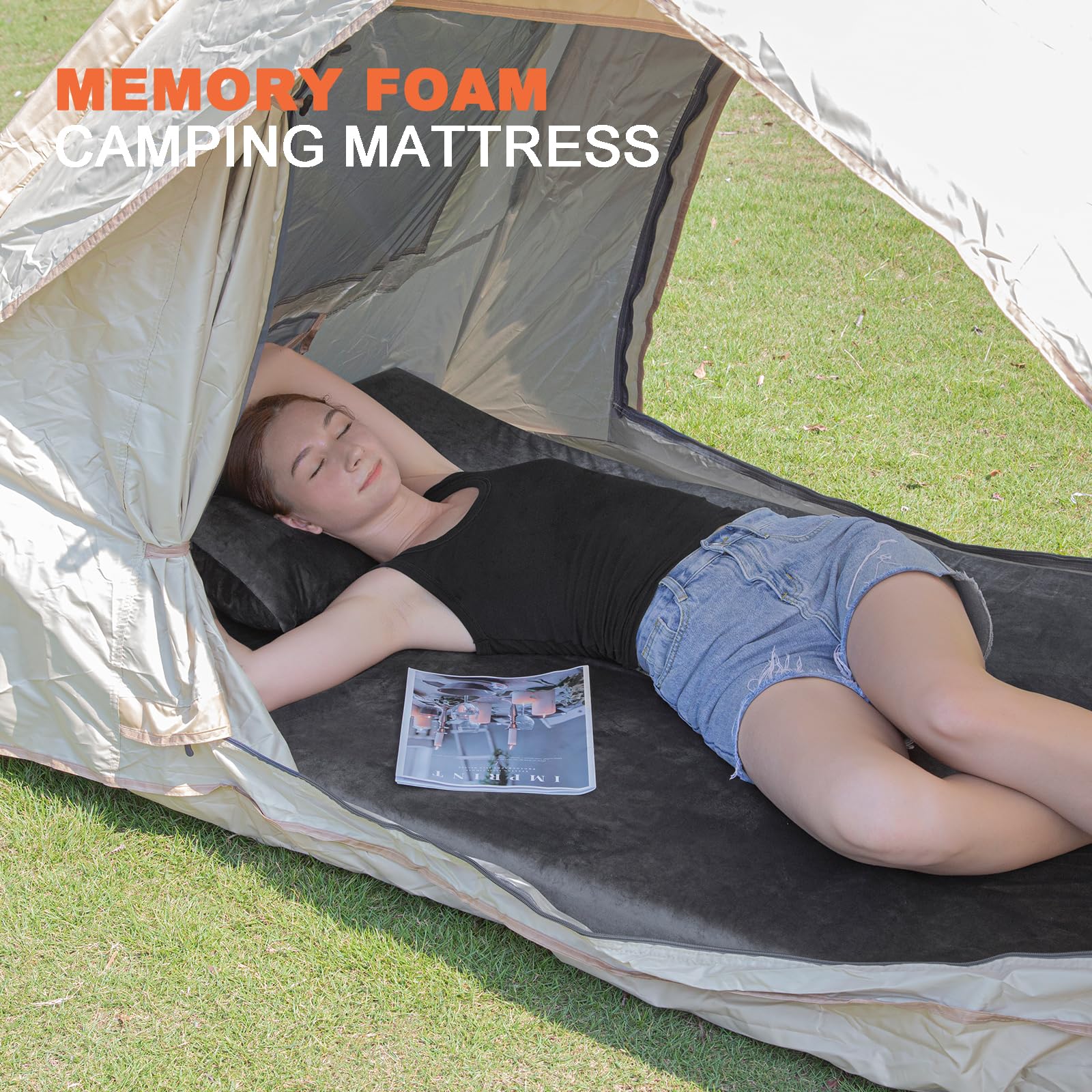 Airpanda memory foam camping mattress used as indoor futon for guest room.