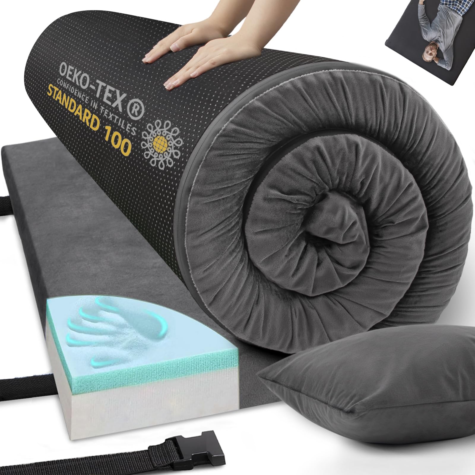 Airpanda memory foam camping mattress rolled for easy portability and storage.