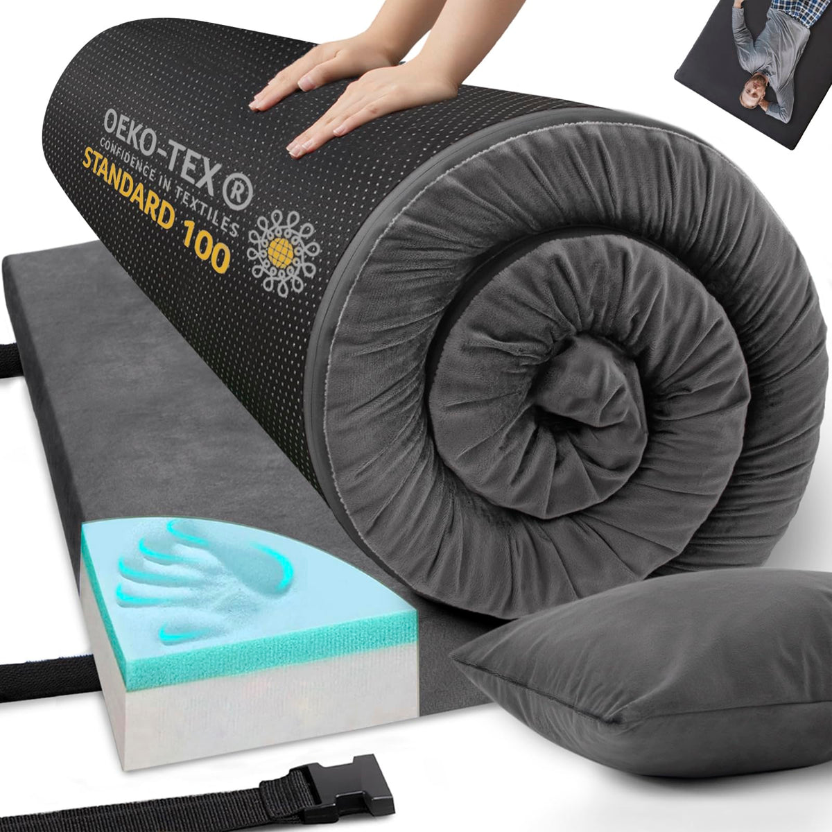 Airpanda memory foam camping mattress rolled for easy portability and storage.