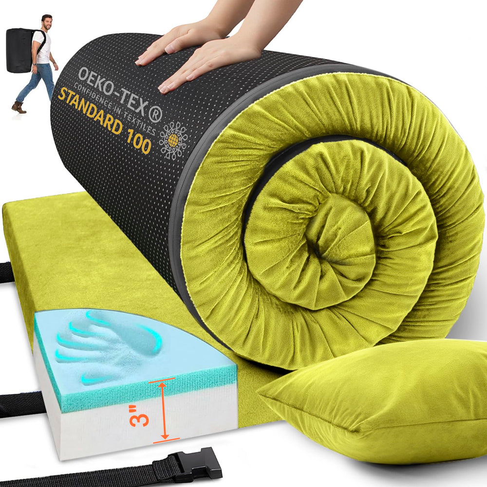 Airpanda single memory foam camping mattress rolled for easy packing and travel.
