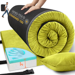 Airpanda single memory foam camping mattress rolled for easy packing and travel.
