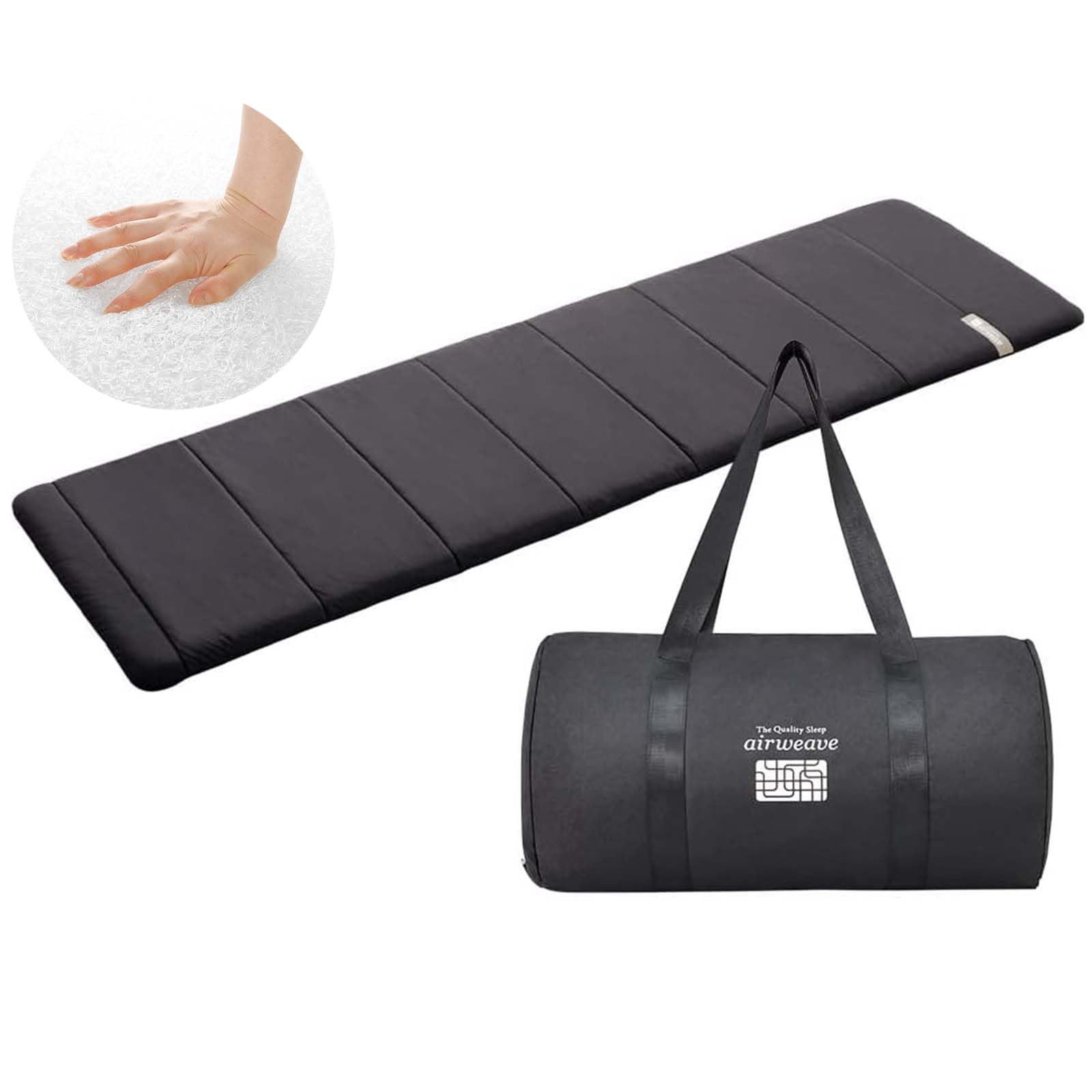 Airweave portable mini yoga mat rolled for easy travel and storage.