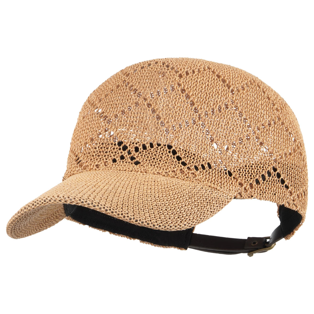Aisi Women’s straw baseball cap in camel with adjustable back for a secure fit.