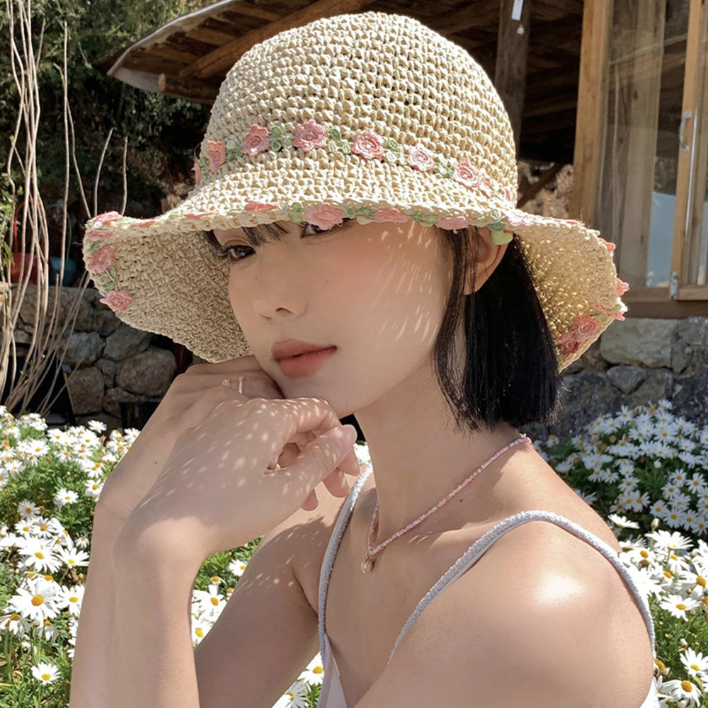 Aisi woven straw hat closeup crochet detail highlights craftsmanship.