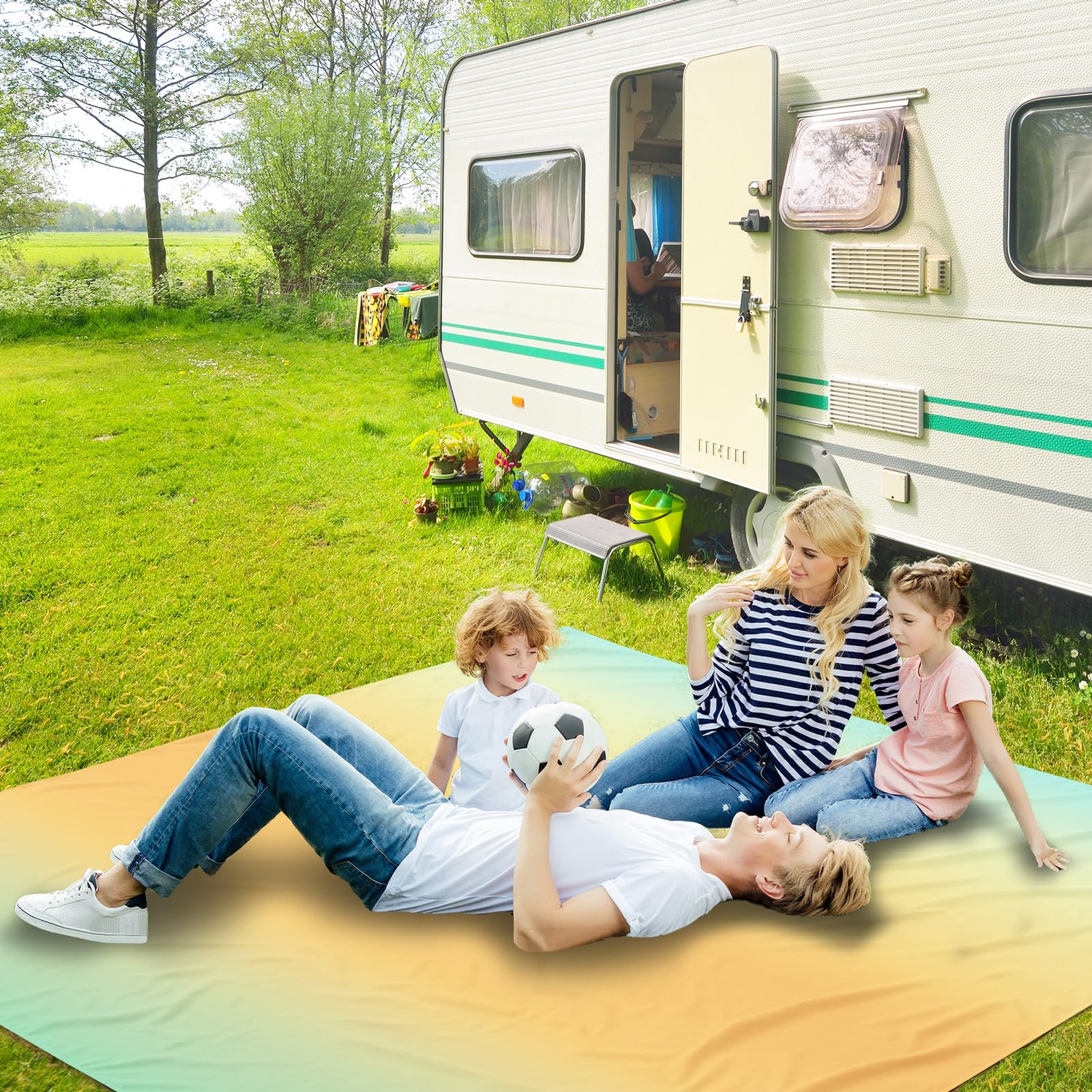 AISPARKY beach mat in park setup ideal for family picnics.