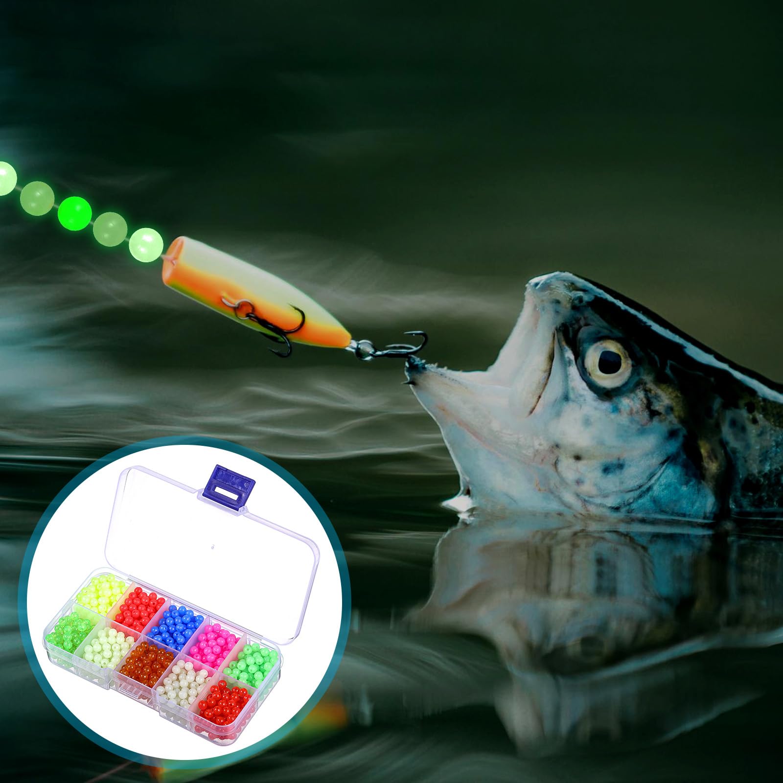 Beads attached to fishing rig for saltwater or freshwater