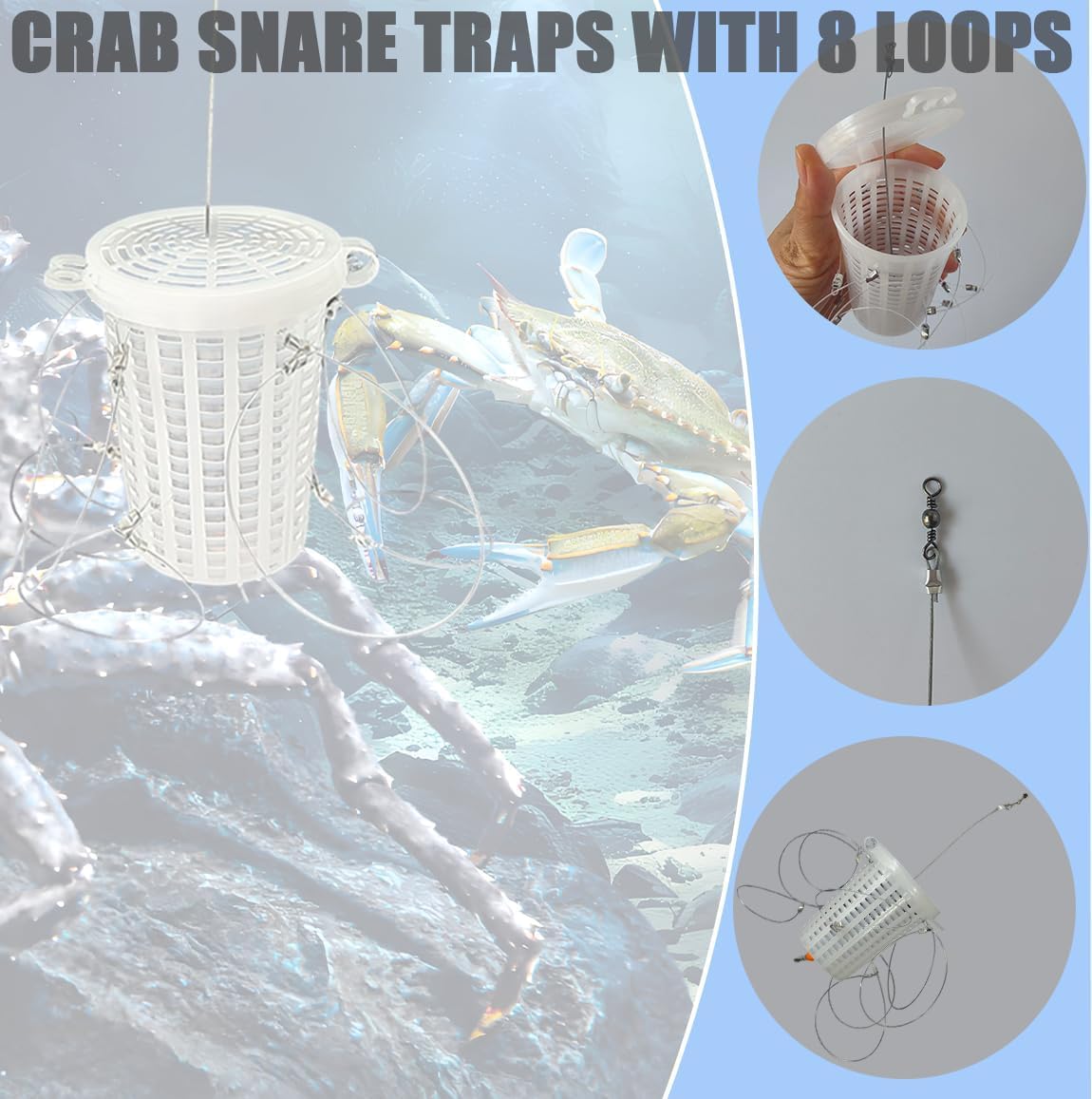 Crab snare kit with 4 traps, fishing lines and accessories included.