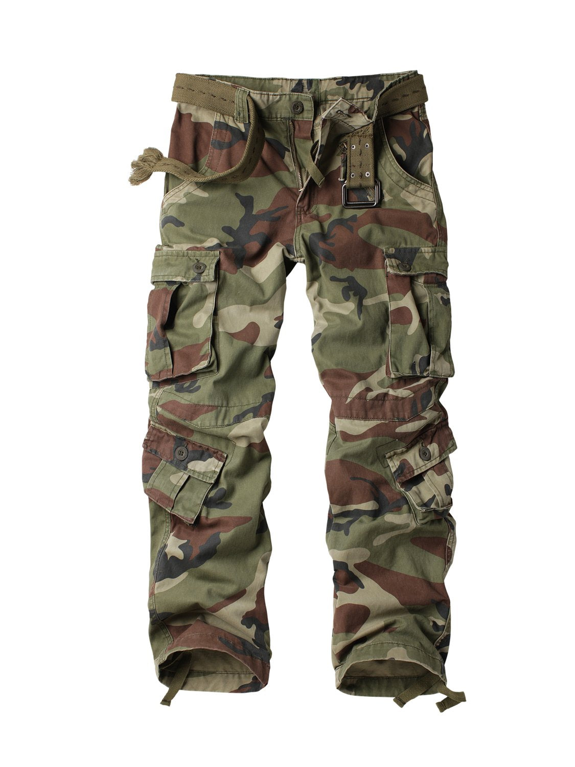 AKARMY battlefield camouflage pants for women with parachute-style fit and pockets.