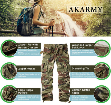 AKARMY parachute-style pants in camouflage for relaxed mobility.