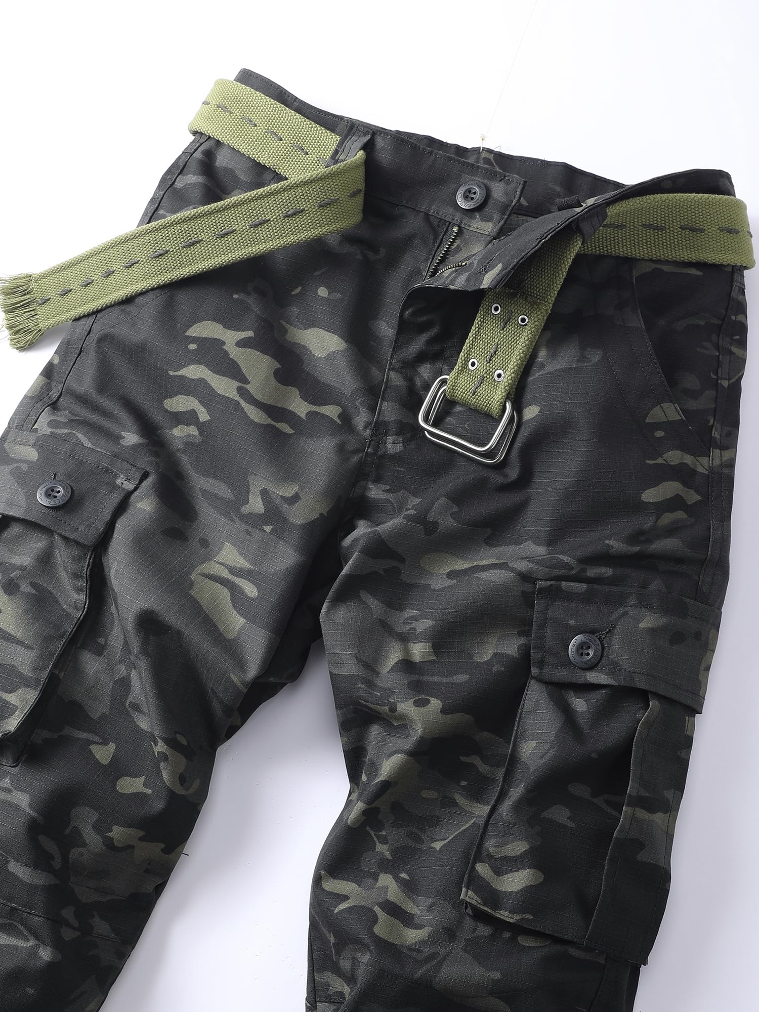 AKHIKING men's camo cargo pants highlight the 8-pocket design for secure storage.