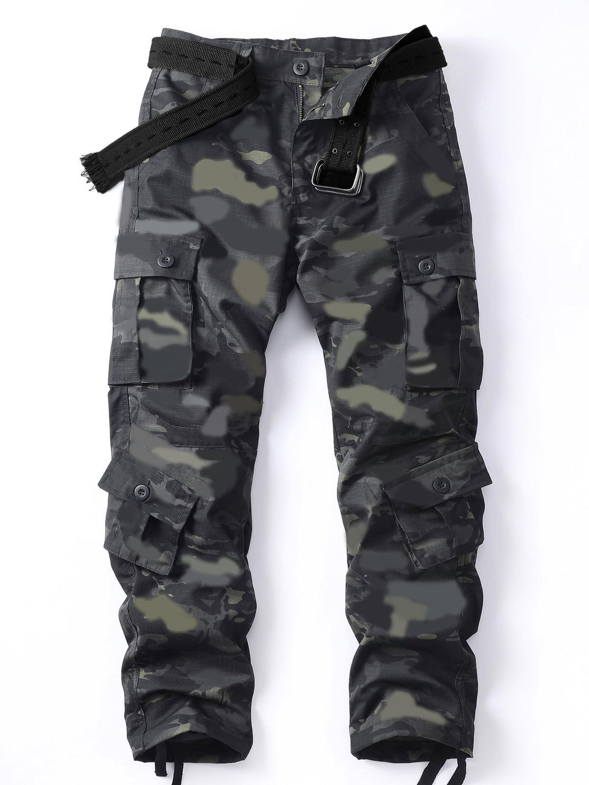 AKHIKING men's camo cargo pants front view showing eight pockets for outdoor storage