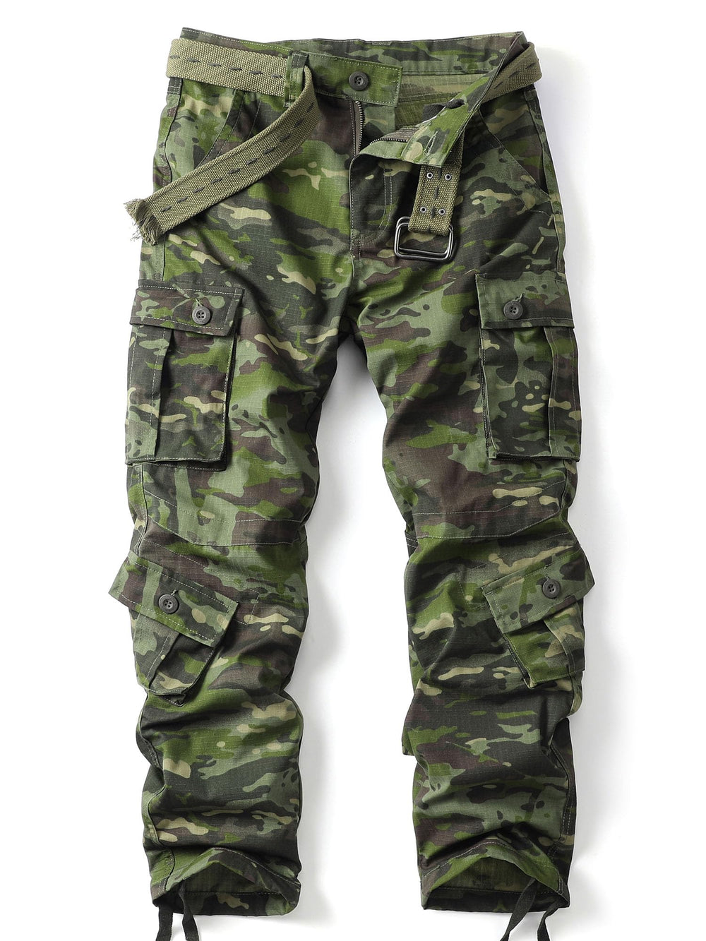AKHIKING men's camo cargo pants front view highlighting relaxed outdoor fit.