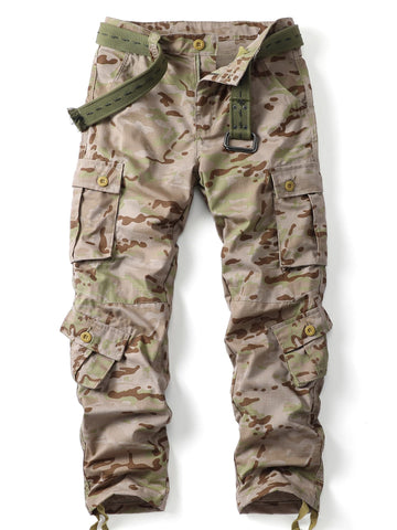 AKHIKING men's camo cargo pants front view for rugged outdoor wear with practical pockets.