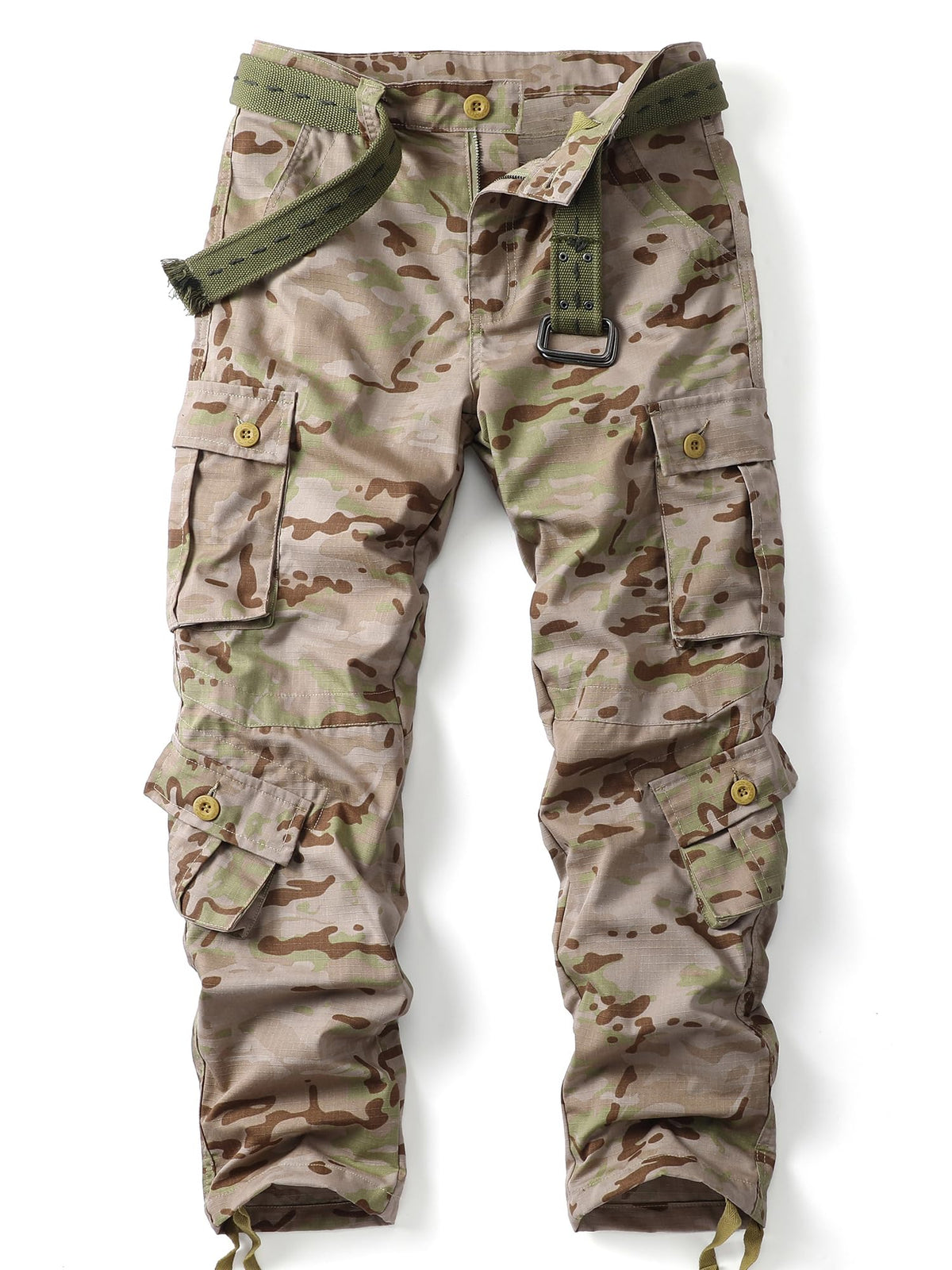 AKHIKING men's camo cargo pants front view for rugged outdoor wear with practical pockets.