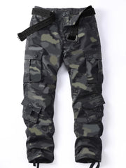 AKHIKING men's camo cargo pants front view showing eight pockets for outdoor storage